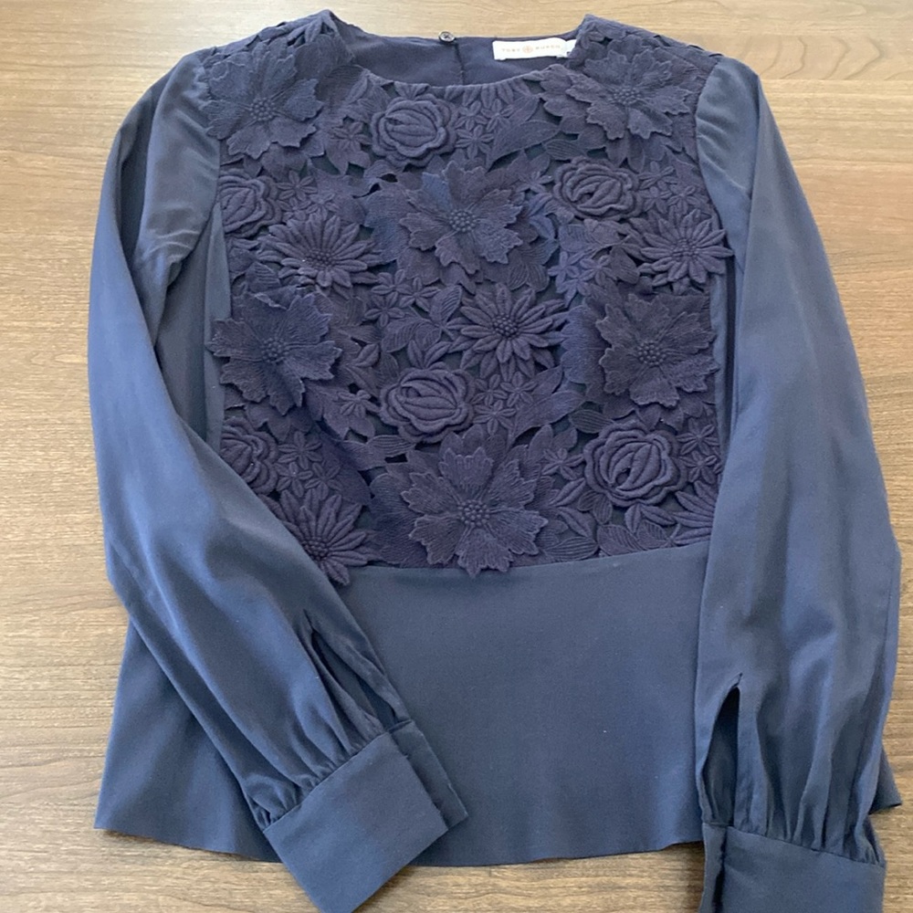 Tory Burch Navy Blue Floral Appliqué Long Sleeve Blouse